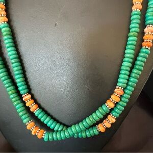 Beautiful Green Turquoise Spiny Oyster Bead Necklace Sterling Silver 2 Strand
